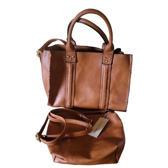 HANNA GRACE Tote HANDBAG Crossbody Caramel 2 piece set NWT. - Picture 2 of 10